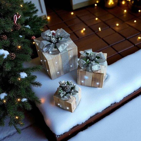 Alpine Christmas Lighted Gift Box Set 3 Pcs Wood Silver Ribbon Led Holiday Decor - Picture 5 of 8